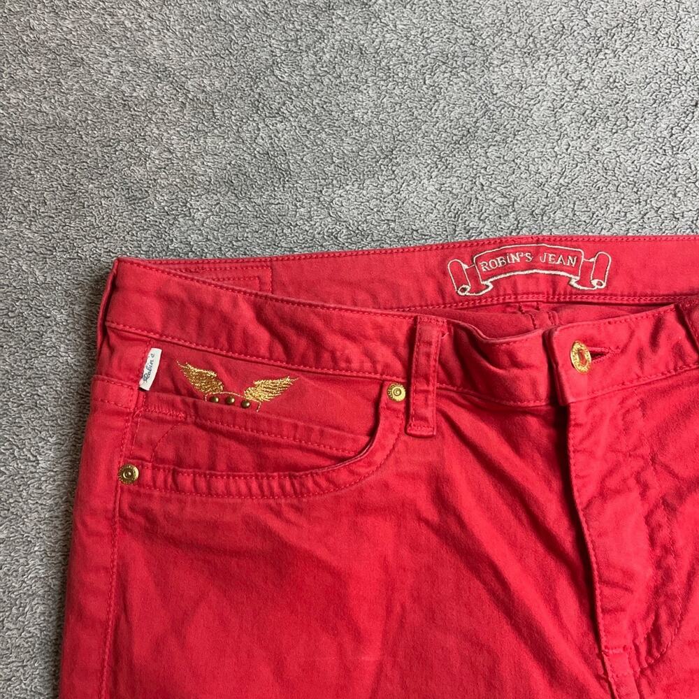 Robins Jean Red Slim Skinny Straight Pants with Gold Wing Embroidery Size 33
